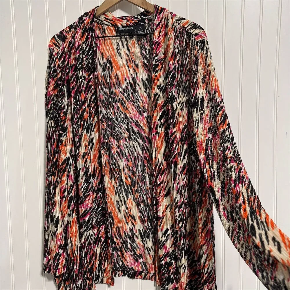 Maggie Barnes Duster 2X Abstract Animal Print Cardigan Sweater Orange Black Plus - Picture 2 of 7